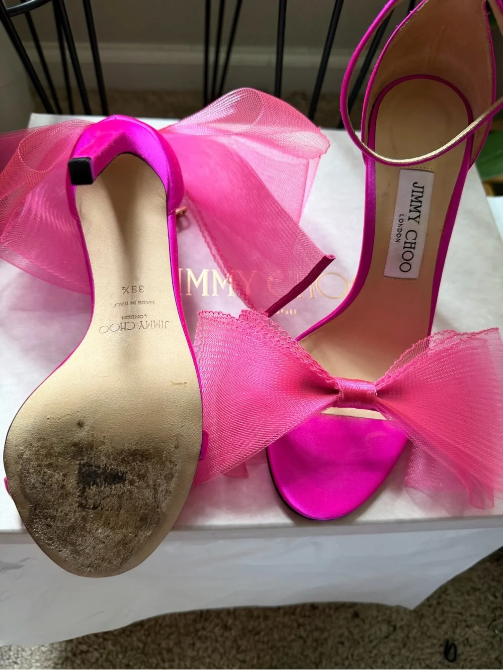 Jimmy Choo Hot Pink Tulle Bow Stiletto Sandals